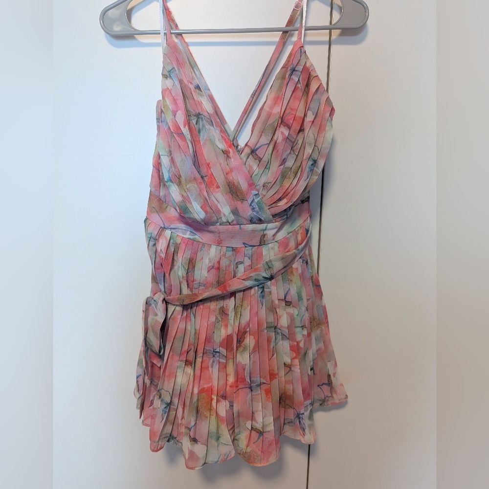 Lulu's Pink Multicolor Floral Pleated Backless Romper - Picture 3 of 7